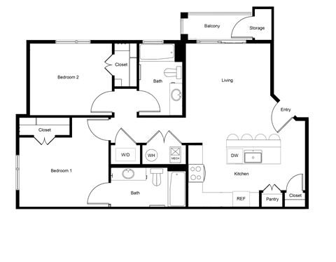 Floor plan for 2 beds, 2 baths, 931 sqft